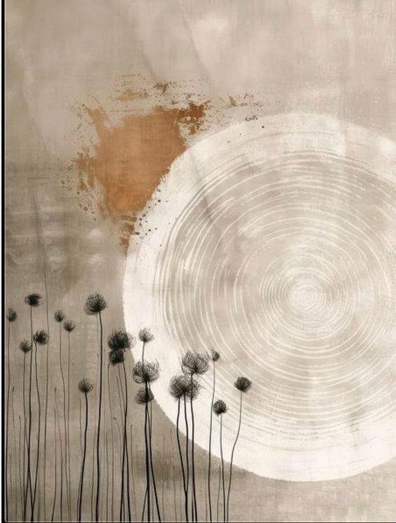 Abstracte compositie met witte cirkel en droogbloemen